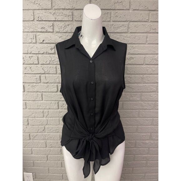 Worthington Black Sleeveless Button Down Front Tie Blouse Size M - Picture 1 of 7